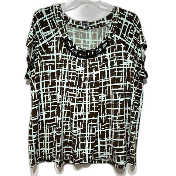 Apt. 9 Teal & Brown Career Blouse Top Short Sleeves Stretch Womens Plus sz 3X - Picture 1 of 6